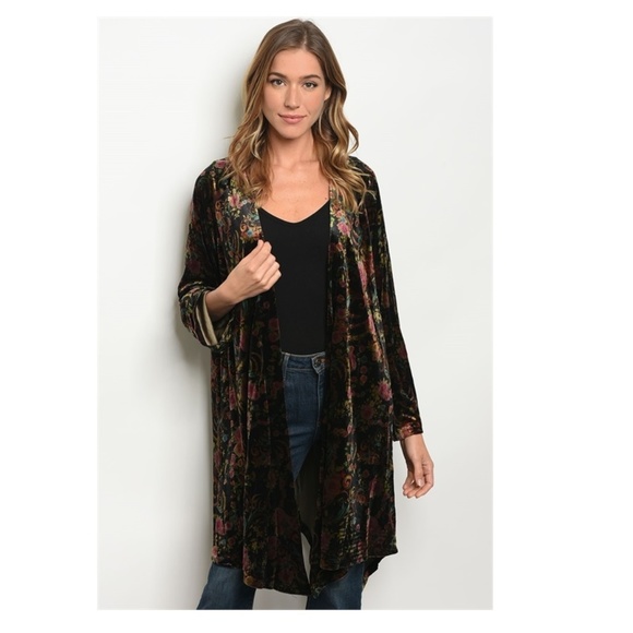 Sweaters - Black Velvet Floral Kimono